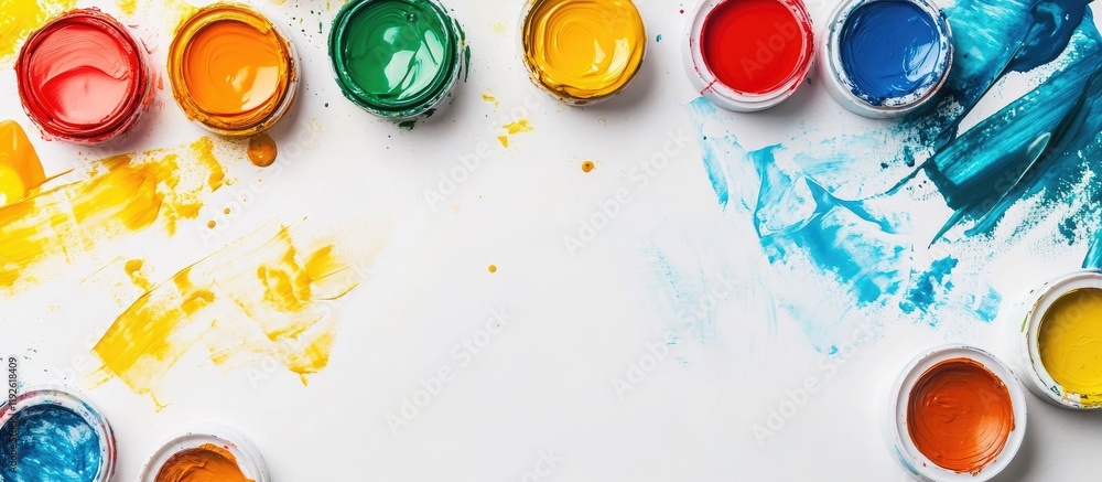 Poster vibrant painting supplies on white background with copyspace for text in creative art and design con