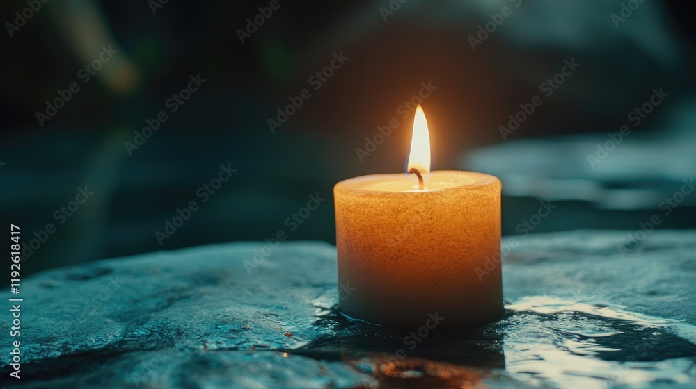 Aufkleber candle flame glowing softly on wet stone surface creating a serene atmosphere with blurred backgroun