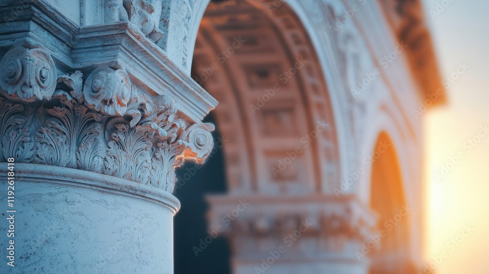 Poster a close-up view of a decorative column and archway, showcasing intricate architectural details in so