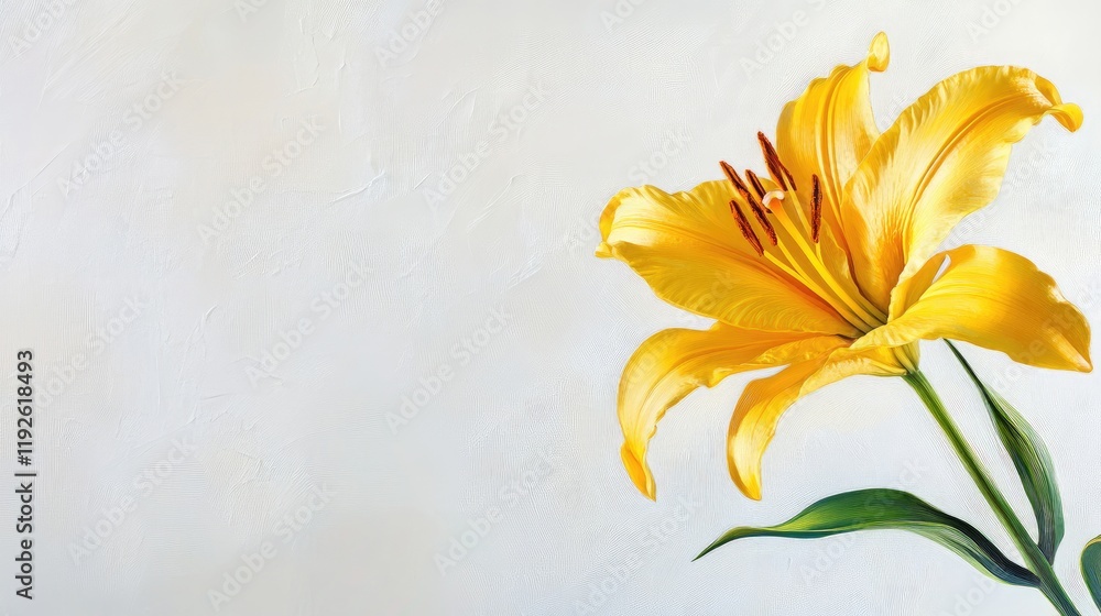 Aufkleber vibrant yellow lily blooming on a white textured background creating an elegant and serene floral co