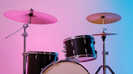 Fototapeta premium Dynamic Drum Kit Performance Studio Setting Musical Instruments Vibrant Colors Close-Up Rhythm and Creativity
