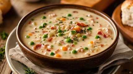 Creamy soup featuring peas, bacon, and colorful vegetables served in a rustic bowl on a wooden table with side bread.