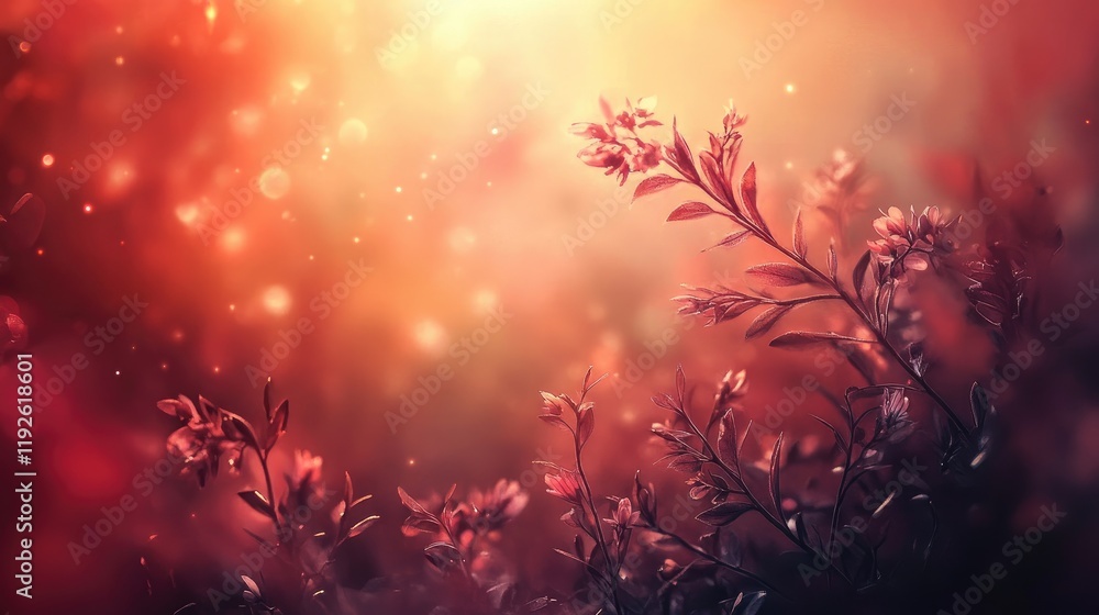 Poster soft bokeh nature background with delicate flowers glowing in warm tones for serene and tranquil des