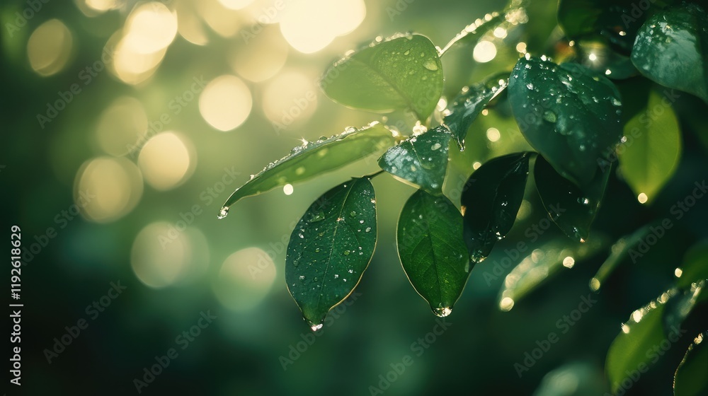 Aufkleber Bokeh light reflecting on wet leaves with smooth shading creating a serene nature backdrop for tranquility and freshness