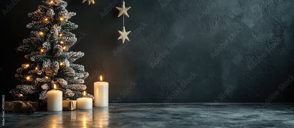 Poster festive black christmas scene featuring tree and candles with blank space for personalized text or m