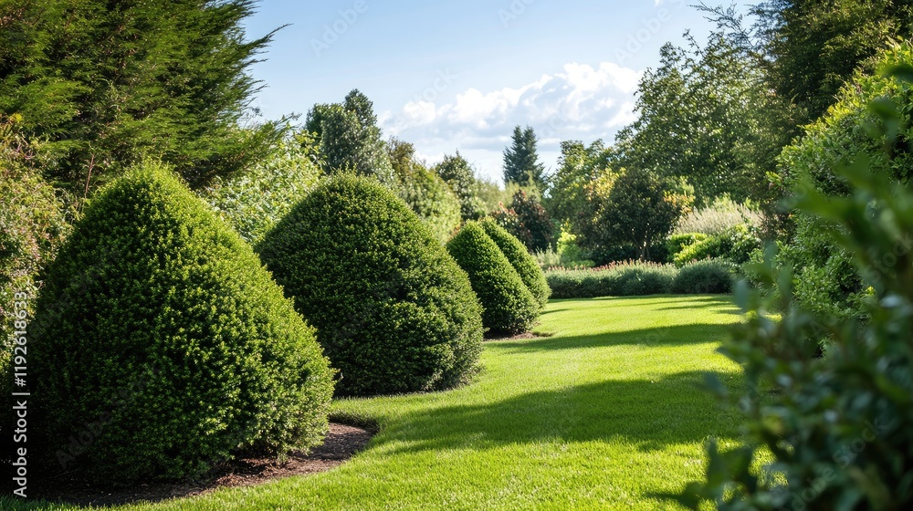 Poster lush green yew trees in a serene garden setting under bright blue skies with fluffy clouds