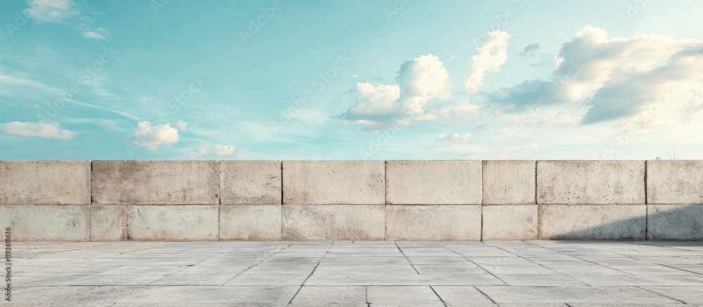 Poster Empty concrete wall with blue sky and clouds ideal for text placement showcasing minimalistic design and architecture elements