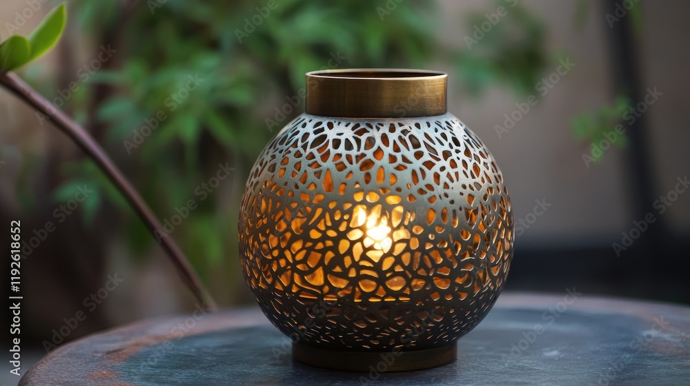 Poster elegant handcrafted round lantern with intricate pattern casting warm light in a serene outdoor sett