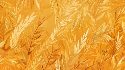 Golden Wheat Field with Abstract Leaves and Textures in Warm Yellow Tones Suitable for Backgrounds or Nature-Themed Designs