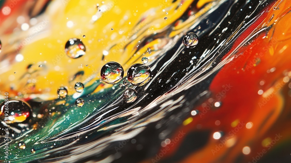 Poster macro shot of vibrant water splash and bubbles creating abstract patterns on a colorful wet surface 
