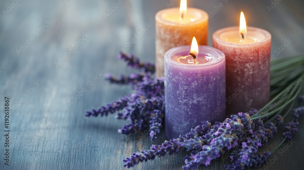 Poster candles surrounded by fresh lavender flowers creating a serene and calming atmosphere on a rustic wo