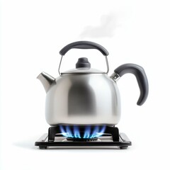 Boiling Water Action with Stainless Steel Kettle on Gas Stove Kitchen Product Photography Indoor Close-Up Focus