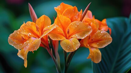 Vibrant Canna generalis flowers in orange showcasing raindrops against a lush green backdrop highlighting natural beauty and freshness.