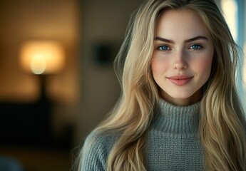 Fototapeta premium Beautiful woman with long hair, blue eyes and light skin smiling in the camera while wearing white shirt standing at an office background.