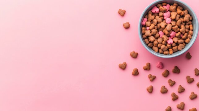 Bowl of heart-shaped pet food on pastel pink background ideal for pet care advertising and promotional materials