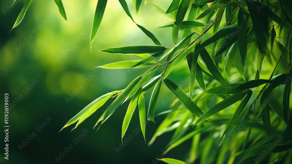 Poster Lush bamboo leaves against a softly blurred green background creating a serene and calming natural atmosphere.