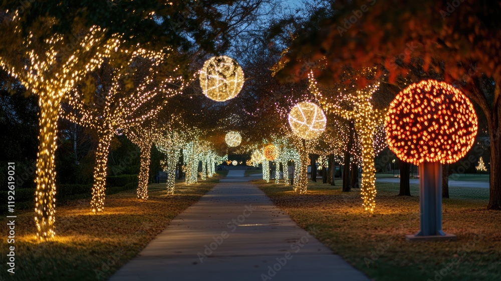 Poster Enchanting evening walkway adorned with glowing bokeh lights on trees and striking illuminated orbs, creating a festive ambiance.