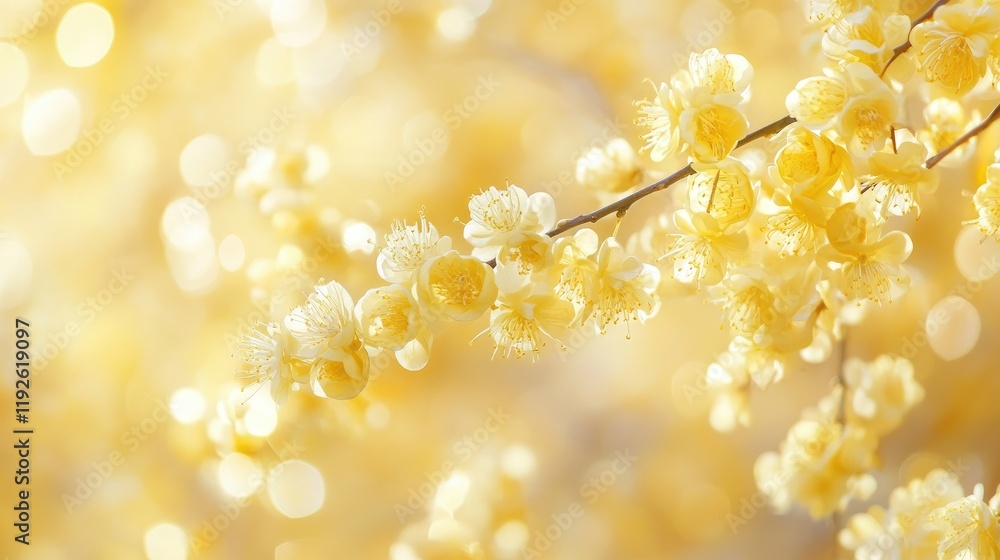 Poster delicate yellow flowers with soft bokeh background creating a serene and uplifting atmosphere for fl