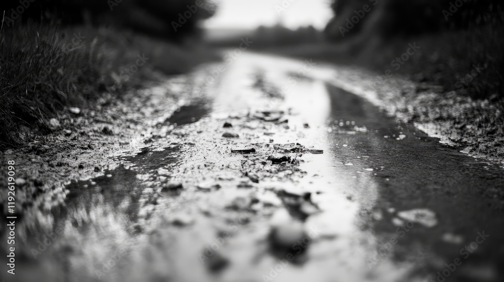 Poster Bokeh effect on a muddy country road capturing reflections and textures in a black and white high-contrast setting