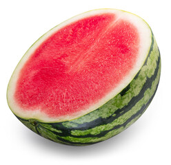 Round striped watermelon without seeds cut in half isolated on white background. Clipping path.
