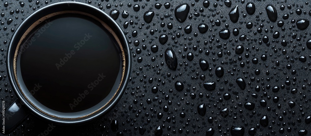 Poster black coffee cup on a wet surface featuring droplets and textured background with ample copyspace fo