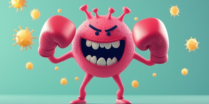 antibiotic resistance or drug resistant bacteria with red virus cell wearing boxing gloves 