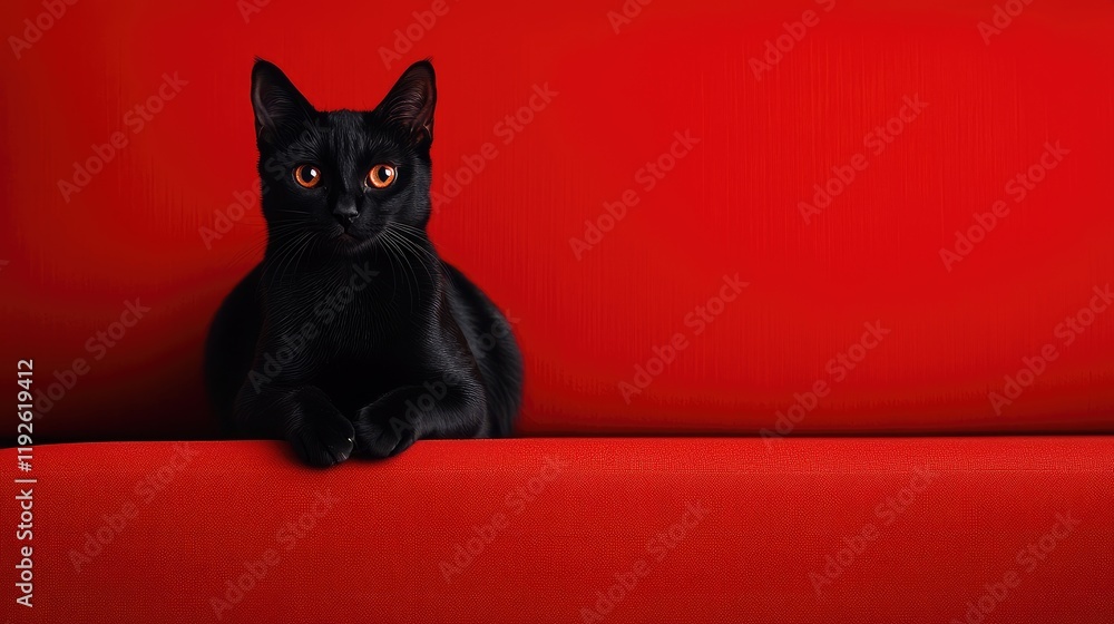 Poster black cat with bright eyes resting on vibrant red sofa ideal for creative designs and text overlays