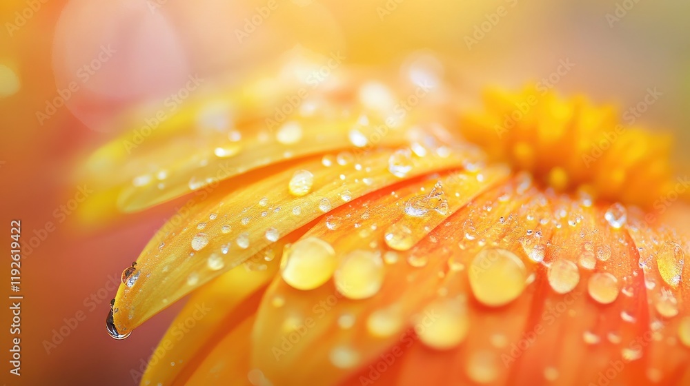 Aufkleber bokeh effect on yellow and orange flower petals adorned with glistening raindrops creating a serene 