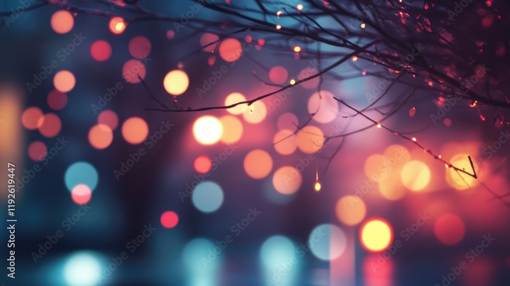 Poster bokeh lights shimmering through branches in a dreamy nocturnal landscape with vibrant colors and a s