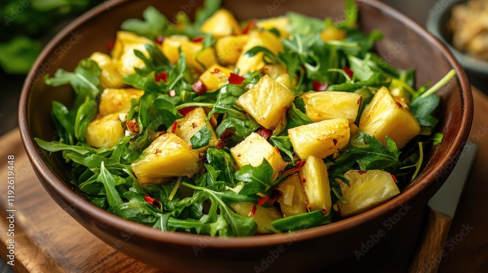 Aufkleber fresh salad with bamboo shoots and pineapple on a rustic wooden table garnished with arugula and chi