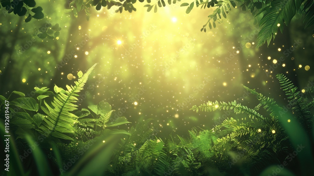 Poster Lush green forest with soft bokeh lights creating a magical and serene nature background ideal for relaxation and outdoor themes