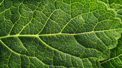 Detailed close-up of a vibrant green leaf showcasing intricate textures perfect for backgrounds and wallpapers emphasizing nature's freshness.