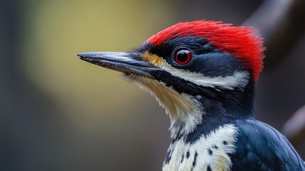 Obraz premium Close up of a striking woodpecker showcasing its vibrant red crest and intricate bill details against a blurred natural background