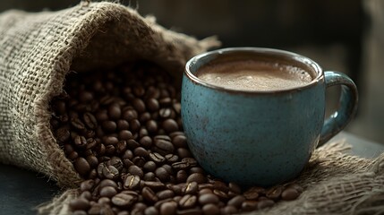 A rustic blue mug filled with coffee sits beside a burlap sack of beans
