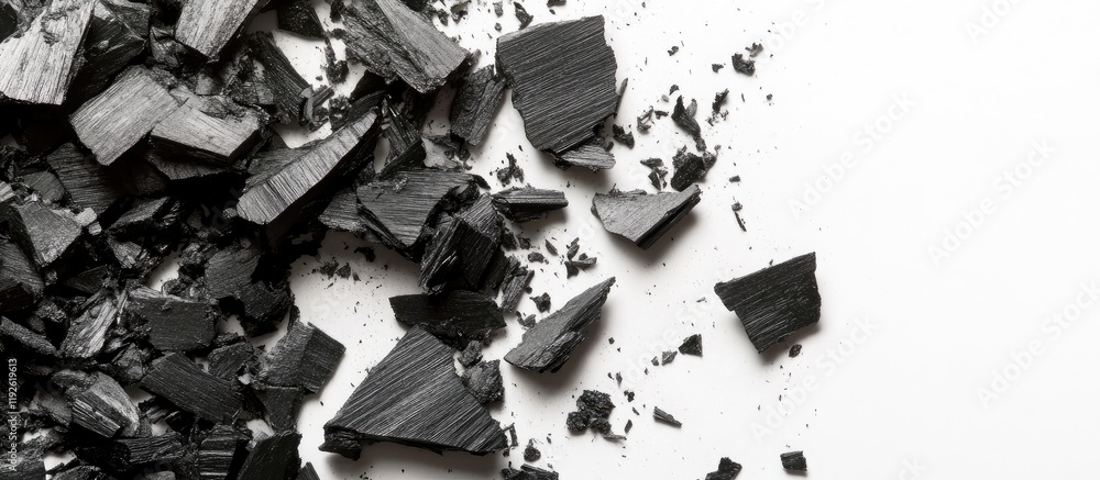 Aufkleber Black Charcoal Fragments Arranged on White Background with Ample Copyspace for Text and Creative Design Elements