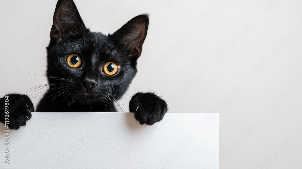 Poster black cat peeking over blank white space for posters and advertisements with copyspace for adding pr