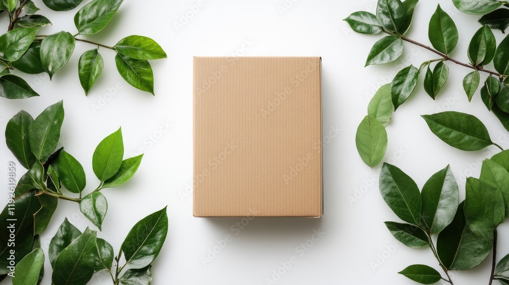 Poster cardboard box surrounded by green leaves on a clean white background with ample space for adding cus