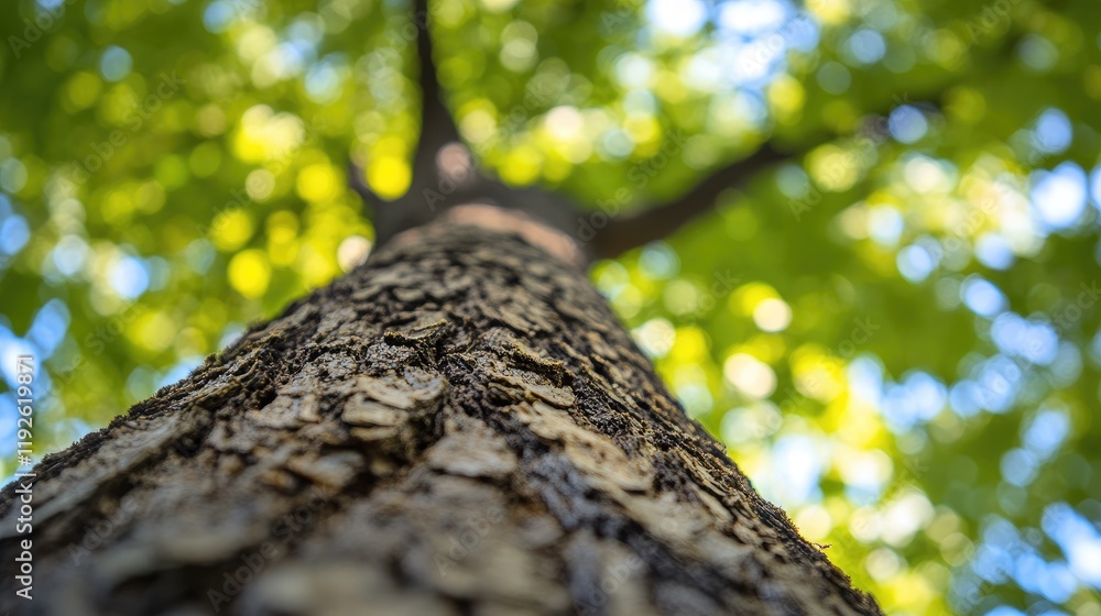 Poster Bokeh perspective of a tree trunk with lush green leaves glowing in sunlight creating a serene natural background