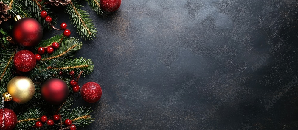 Poster black chalkboard with festive christmas decorations and empty space for holiday message or text