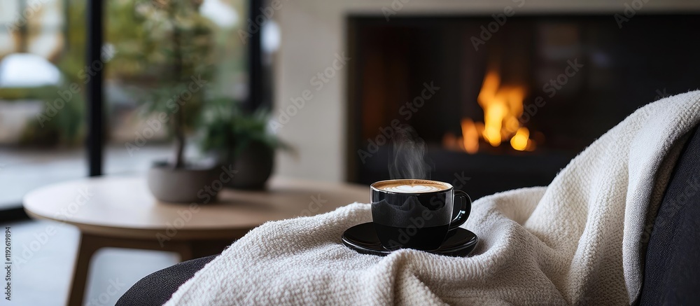 Poster cozy scene of black coffee resting on a blanket near a warm fireplace with copyspace for text inviti