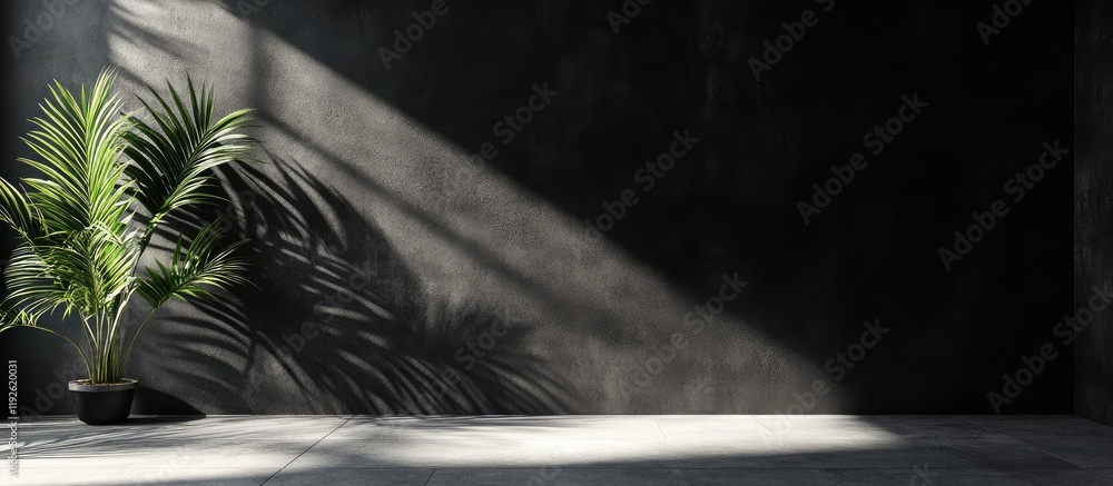 Poster Black Cement Wall and Floor Featuring Tropical Palm Shadows Creating Ideal Copyspace for Text in Modern Interior Setting