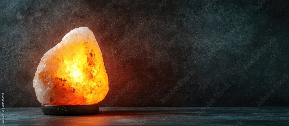 Poster crystal salt lamp glowing against a dark background with ample copy space for text placement and mar