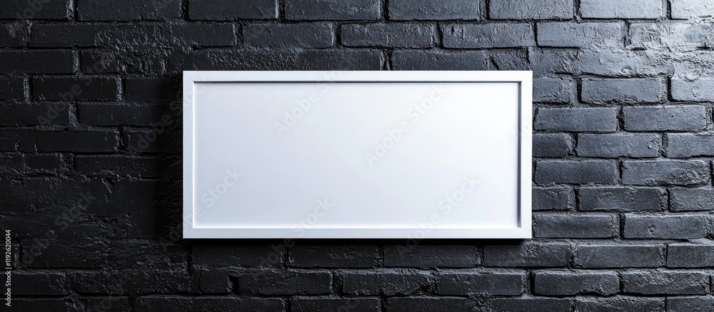 Poster mockup of a sleek white frame banner on a textured black brick wall with ample blank space for custo