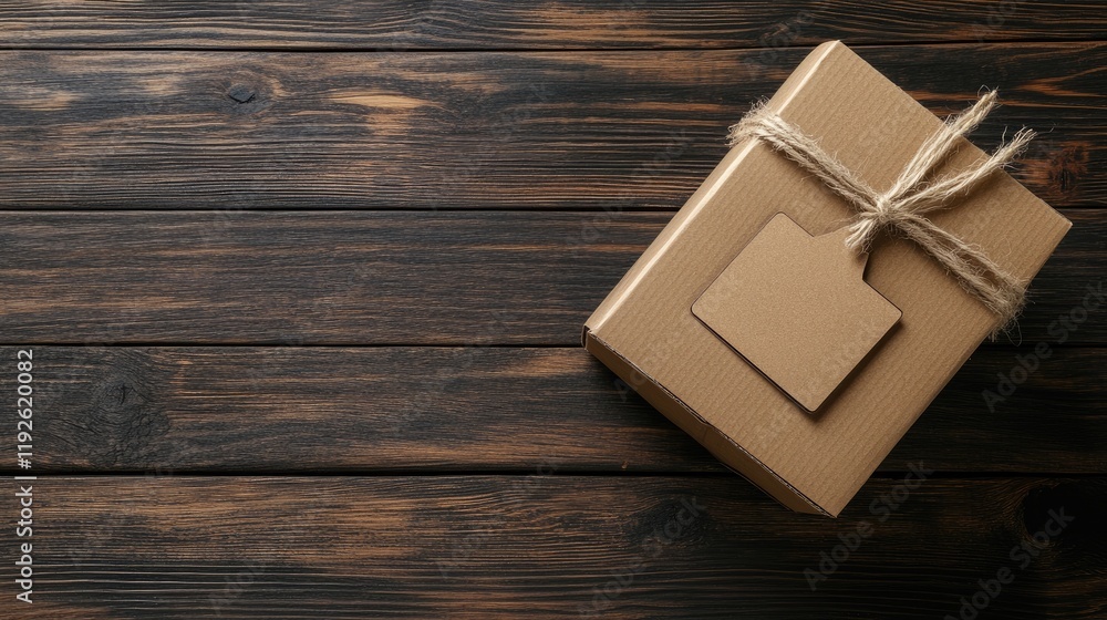 Poster cardboard box with twine and blank tag on wooden background for shipping and packaging concepts empt