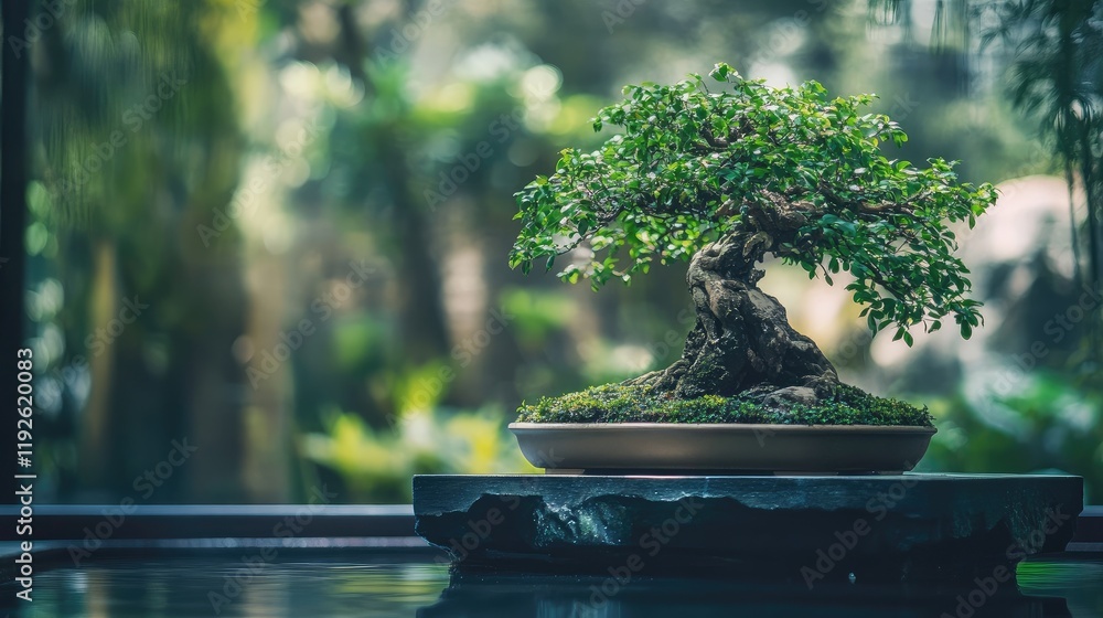 Poster tropical bonsai tree artfully displayed in a serene green environment showcasing intricate foliage a