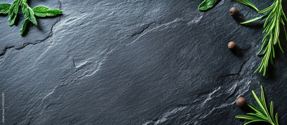 Poster Elegant black slate background with fresh herbs and spices creating a stylish empty space for culinary text or branding purposes