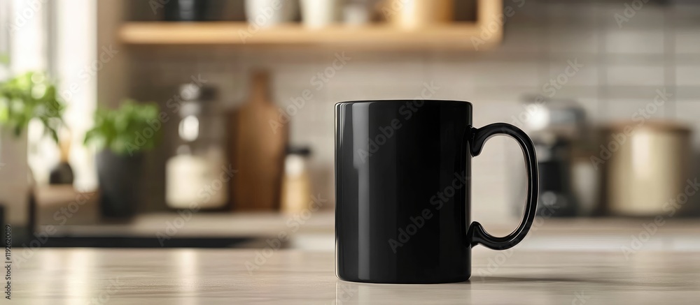 Poster black coffee mug with blank label on kitchen counter offering ample space for adding personalized te