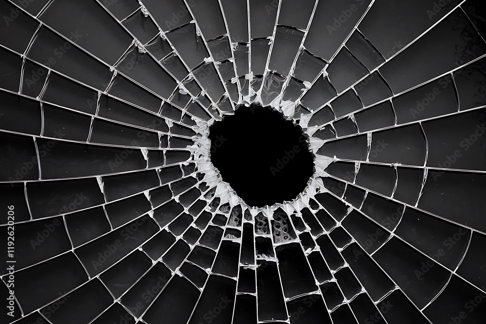 Poster black-and-white photograph of a shattered window, featuring a central void with spiderweb-like crack