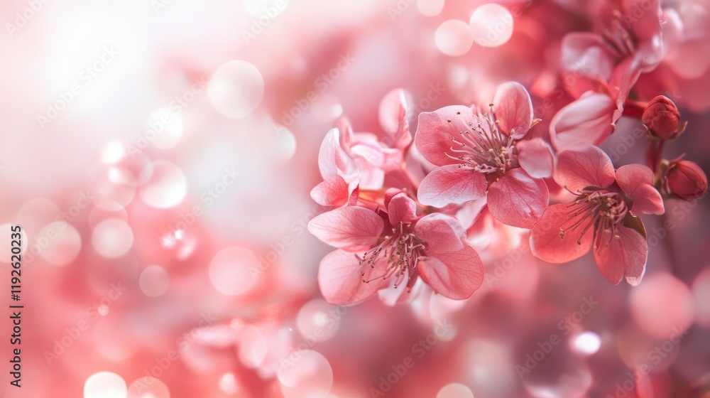Poster delicate pink cherry blossoms with soft bokeh background creating a serene and dreamy atmosphere for
