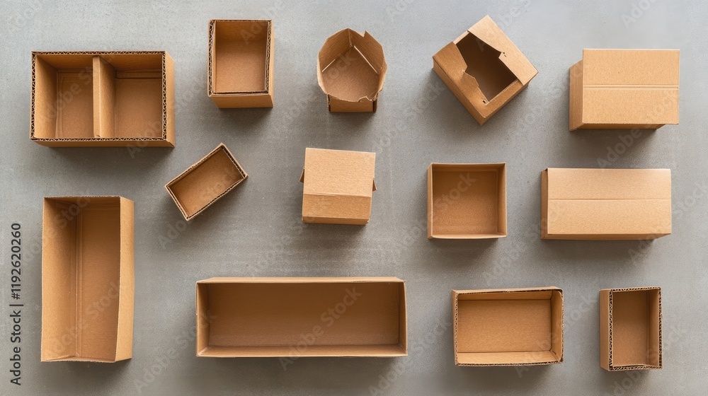 Poster assorted cardboard boxes in different shapes and sizes neatly arranged on a gray background for pack